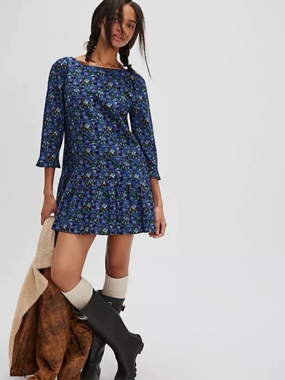 Free People Navy Blue Floral Ruffle-Hem Mini Dress